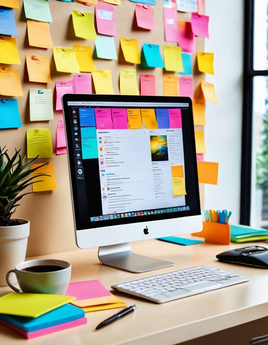 A modern workspace showcasing a sleek laptop with an open document and organizing files on the screen, surrounded by colorful post-it notes and a coffee mug. In the background, a digital globe representing the vast digital landscape, with icons of blog tools and file management systems floating around. Warm lighting creating an inviting atmosphere. vibrant colors. 3D.