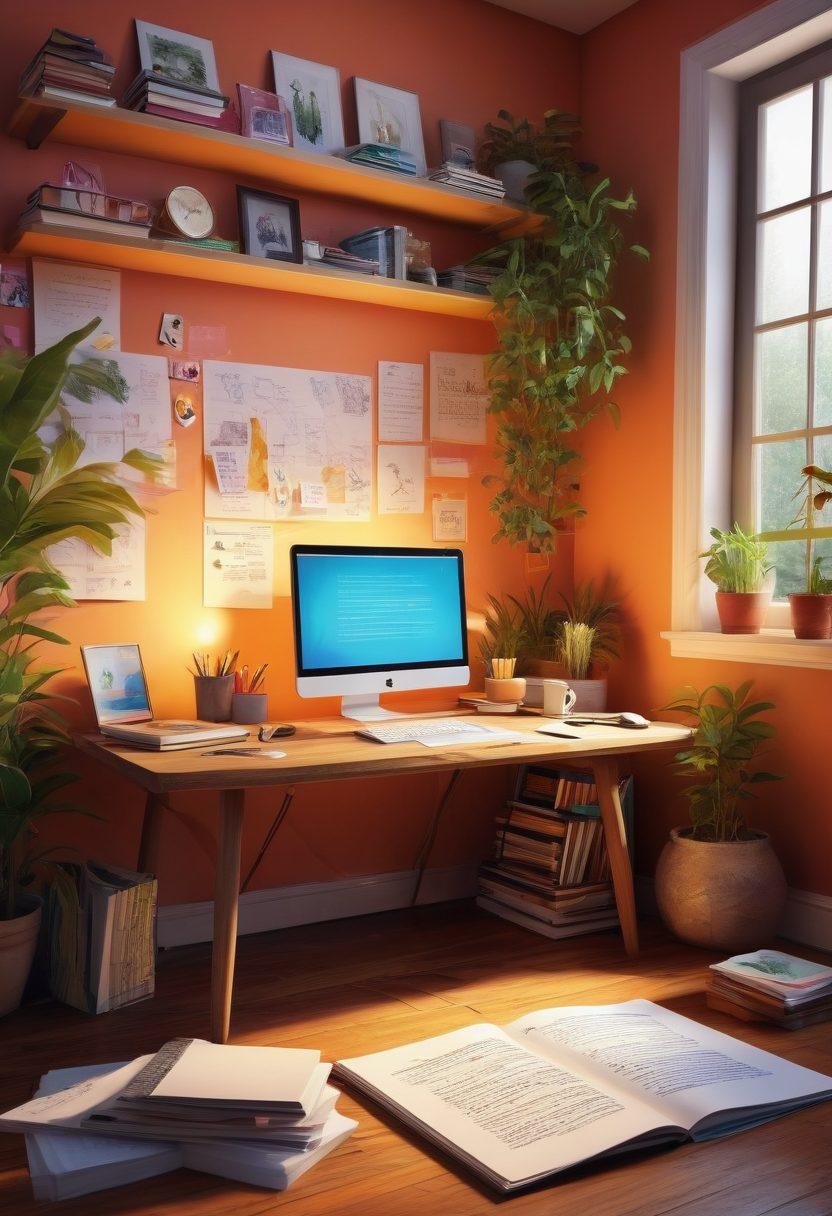 An imaginative workspace showcasing a vibrant desk littered with dynamic sketches, notes, and a glowing laptop, all surrounded by floating icons of articles and ideas transforming into digital files. A warm light illuminates the scene, symbolizing inspiration and creativity. The background features soothing plants and bookshelves filled with colorful books, enhancing an atmosphere of knowledge and flow. super-realistic. vibrant colors. cozy atmosphere.