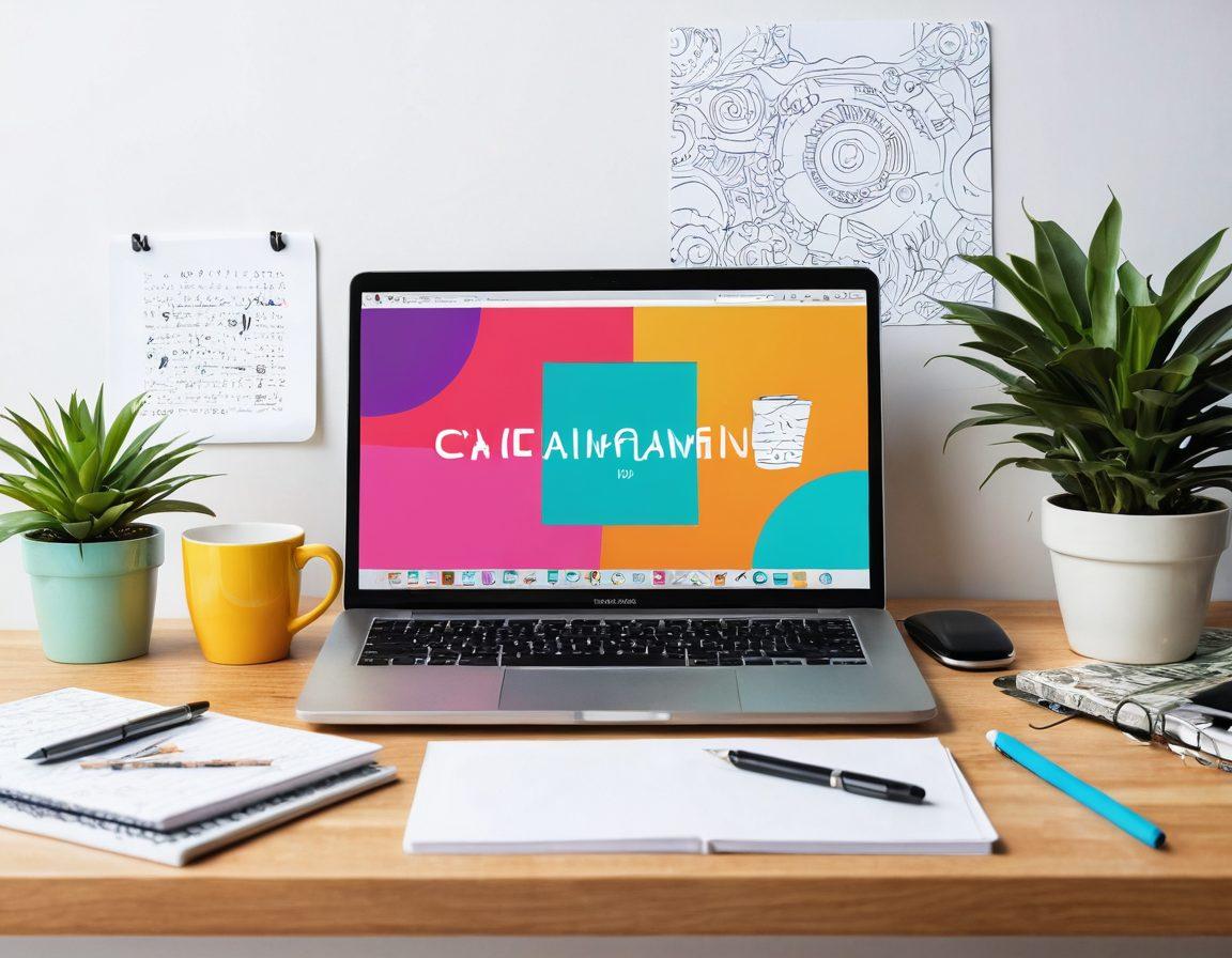A visually engaging workspace scene featuring an open laptop with a beautifully designed blogging dashboard on the screen, surrounded by colorful notebooks, a steaming coffee cup, and a plant for a touch of nature. Add playful doodles of digital tools and creative ideas floating around, illustrating the concept of content creation. The background should be bright and inviting, evoking inspiration. vibrant colors. modern flat design.